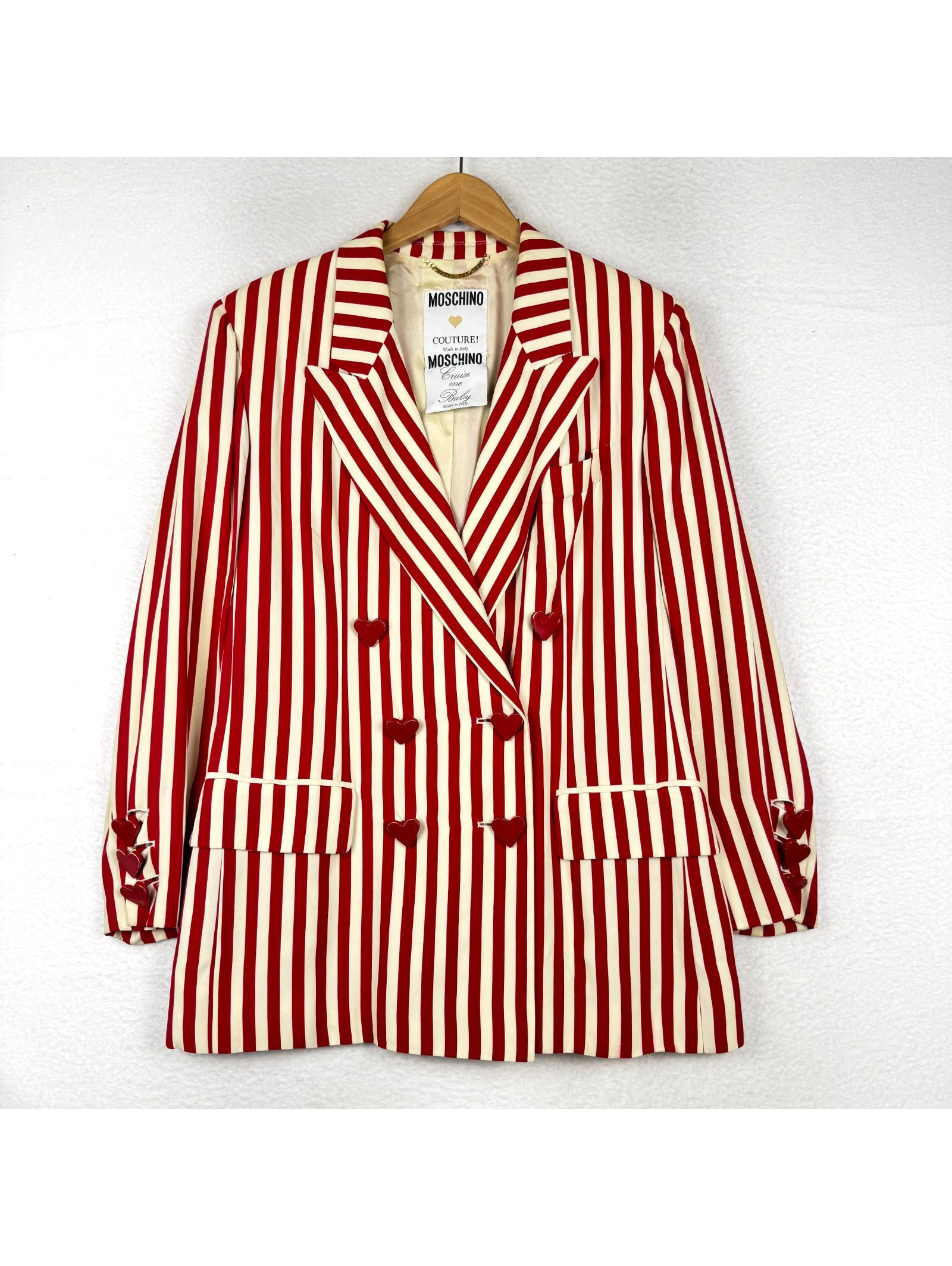 Vintage Moschino Cruise Me Baby Sz 10 Red/Cream Striped Heart Buttons Blazer